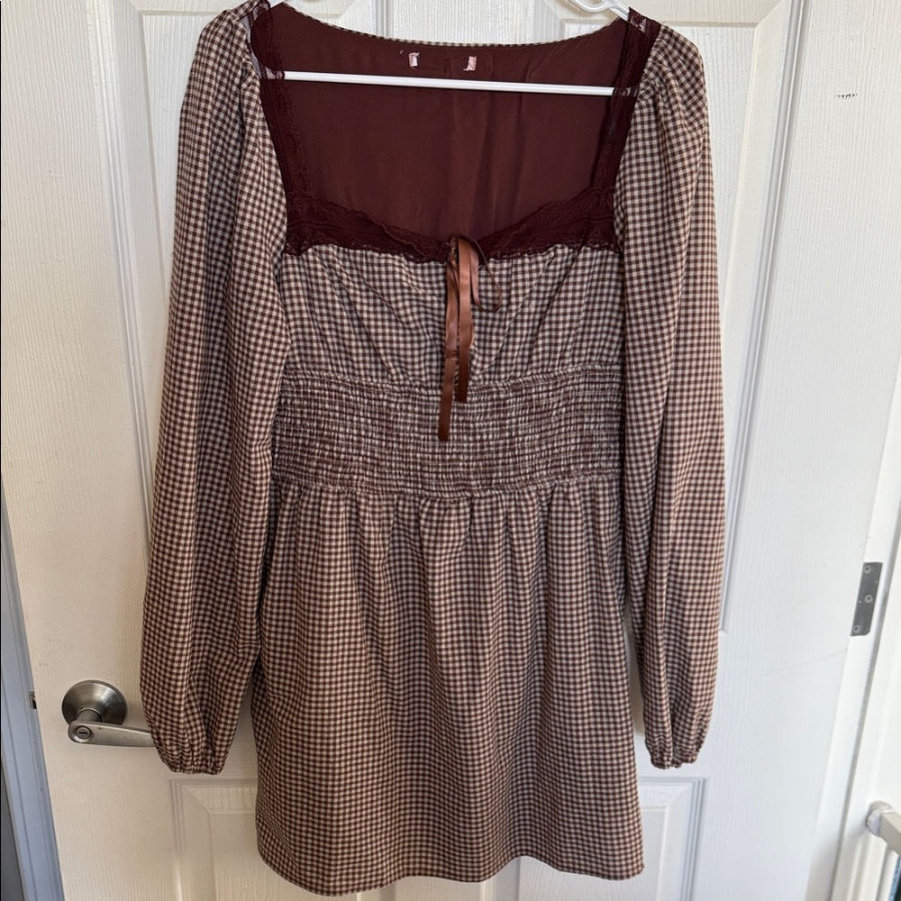 Brown Long Sleeve Gingham Dress